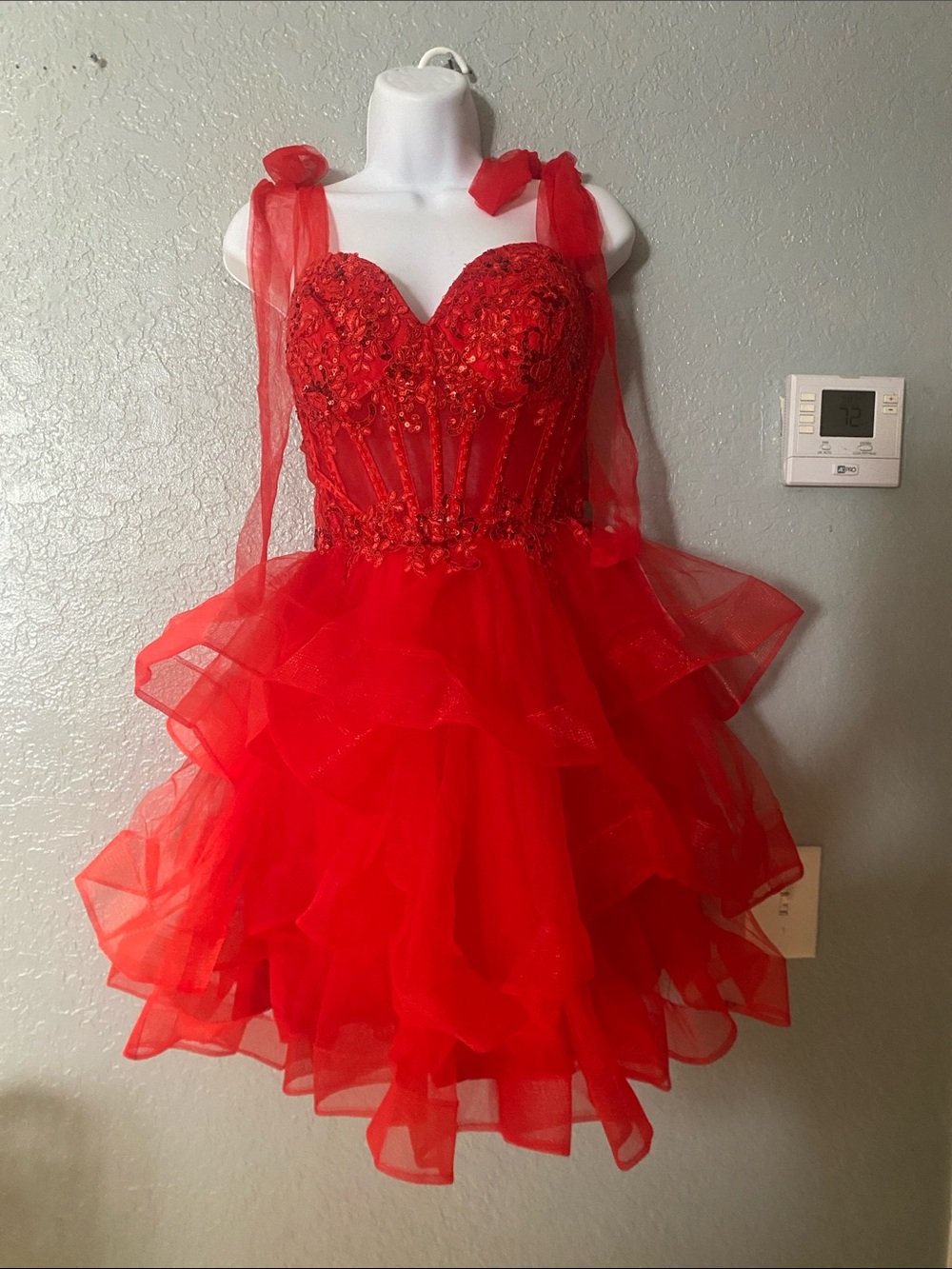 Red Beaded Tulle Prom Dress with Sweetheart Bodice